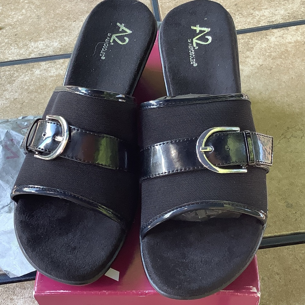 A2 By Aerosoles Black Patent Slide Mules with Buckle